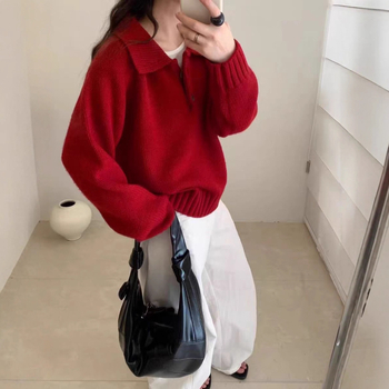 Pulover tricotat în stil coreean, croială lejeră, mâneci lungi, amestec din lână de oaie (poliestru, acrilic)