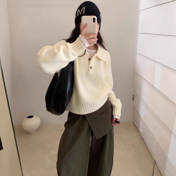 Pulover tricotat în stil coreean, croială lejeră, mâneci lungi, amestec din lână de oaie (poliestru, acrilic)