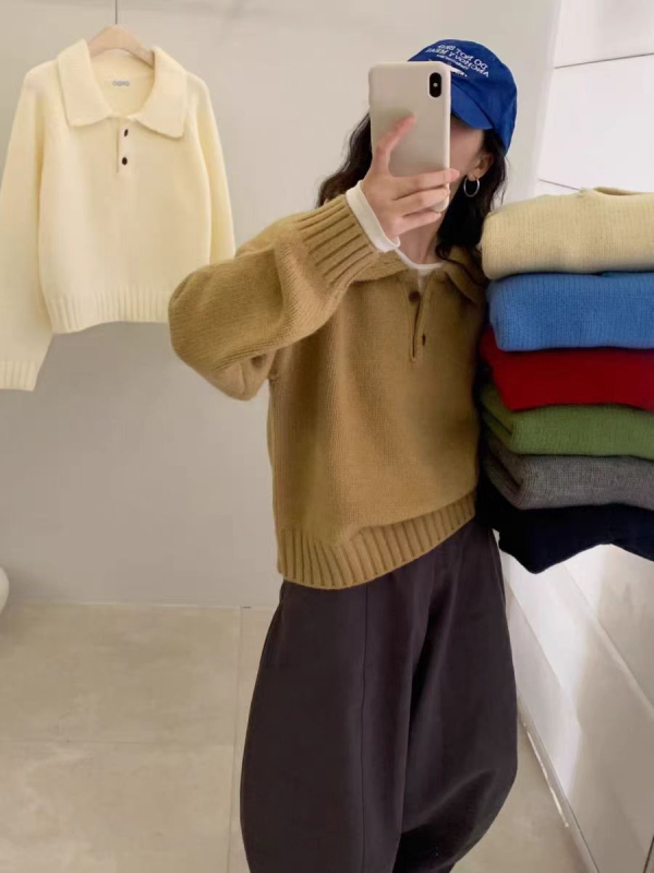 Pulover tricotat în stil coreean, croială lejeră, mâneci lungi, amestec din lână de oaie (poliestru, acrilic)