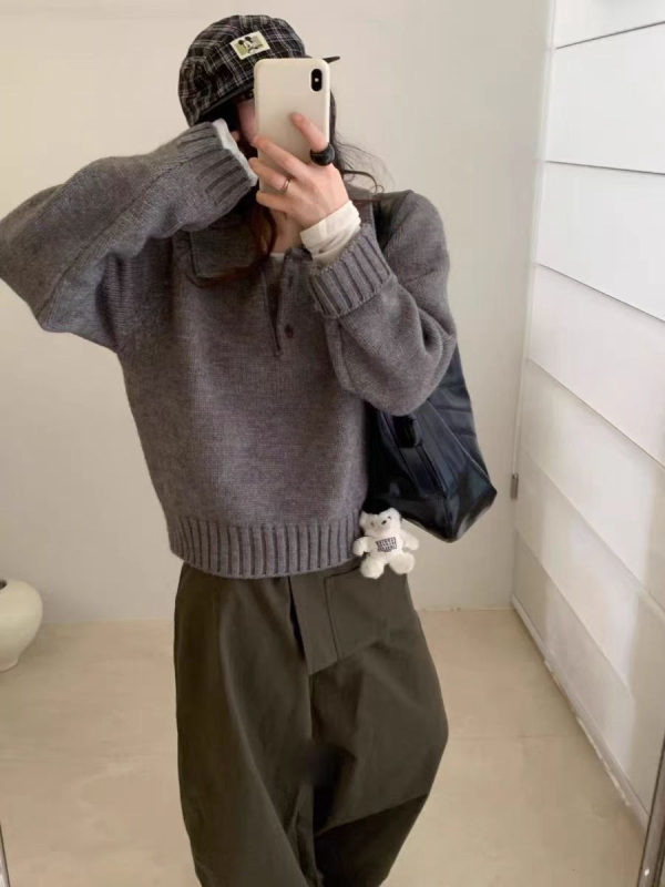 Pulover tricotat în stil coreean, croială lejeră, mâneci lungi, amestec din lână de oaie (poliestru, acrilic)