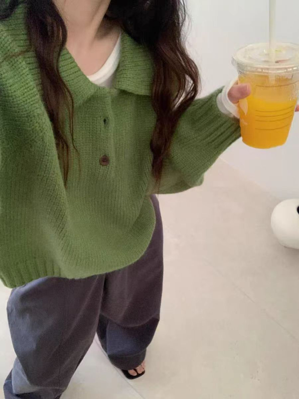 Pulover tricotat în stil coreean, croială lejeră, mâneci lungi, amestec din lână de oaie (poliestru, acrilic)