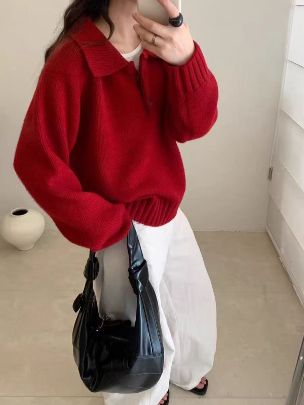 Pulover tricotat în stil coreean, croială lejeră, mâneci lungi, amestec din lână de oaie (poliestru, acrilic)