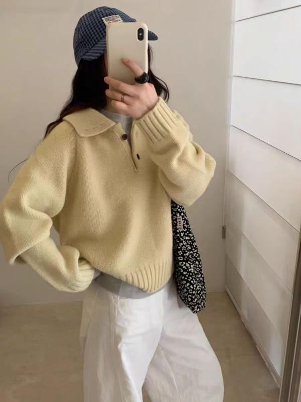 Pulover tricotat în stil coreean, croială lejeră, mâneci lungi, amestec din lână de oaie (poliestru, acrilic)