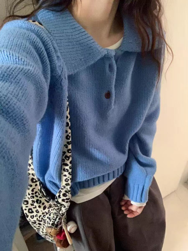 Pulover tricotat în stil coreean, croială lejeră, mâneci lungi, amestec din lână de oaie (poliestru, acrilic)