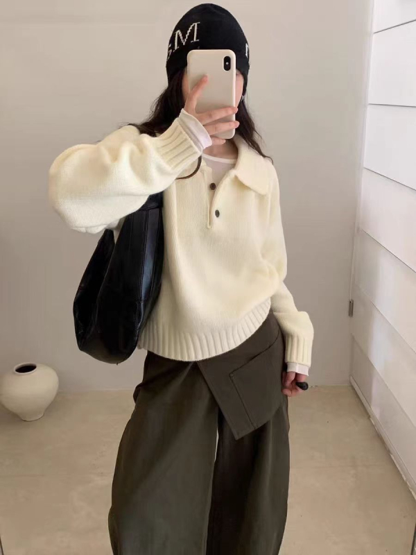 Pulover tricotat în stil coreean, croială lejeră, mâneci lungi, amestec din lână de oaie (poliestru, acrilic)