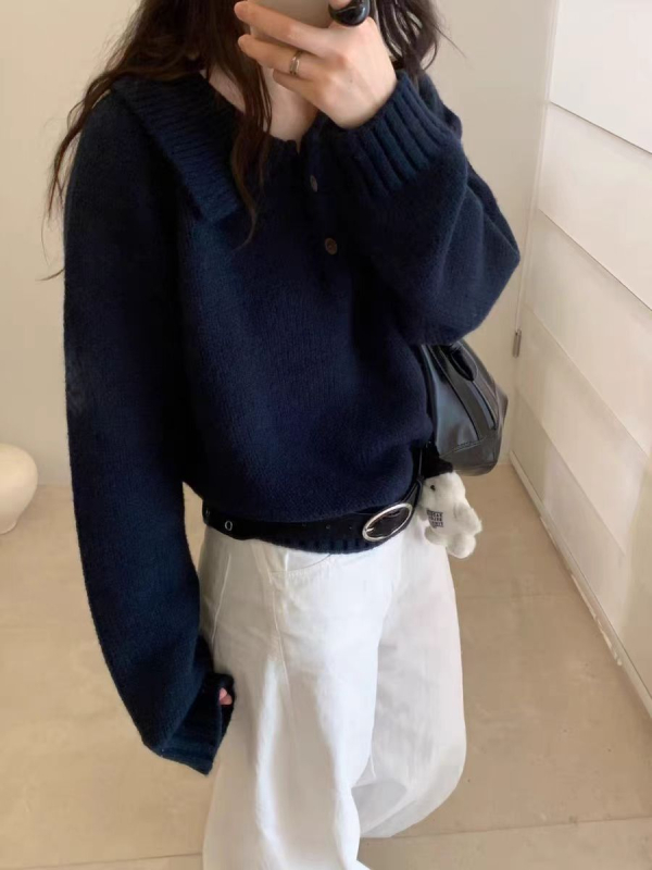 Pulover tricotat în stil coreean, croială lejeră, mâneci lungi, amestec din lână de oaie (poliestru, acrilic)