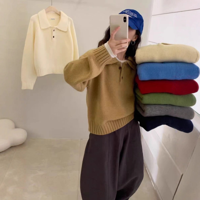 Pulover tricotat în stil coreean, croială lejeră, mâneci lungi, amestec din lână de oaie (poliestru, acrilic)