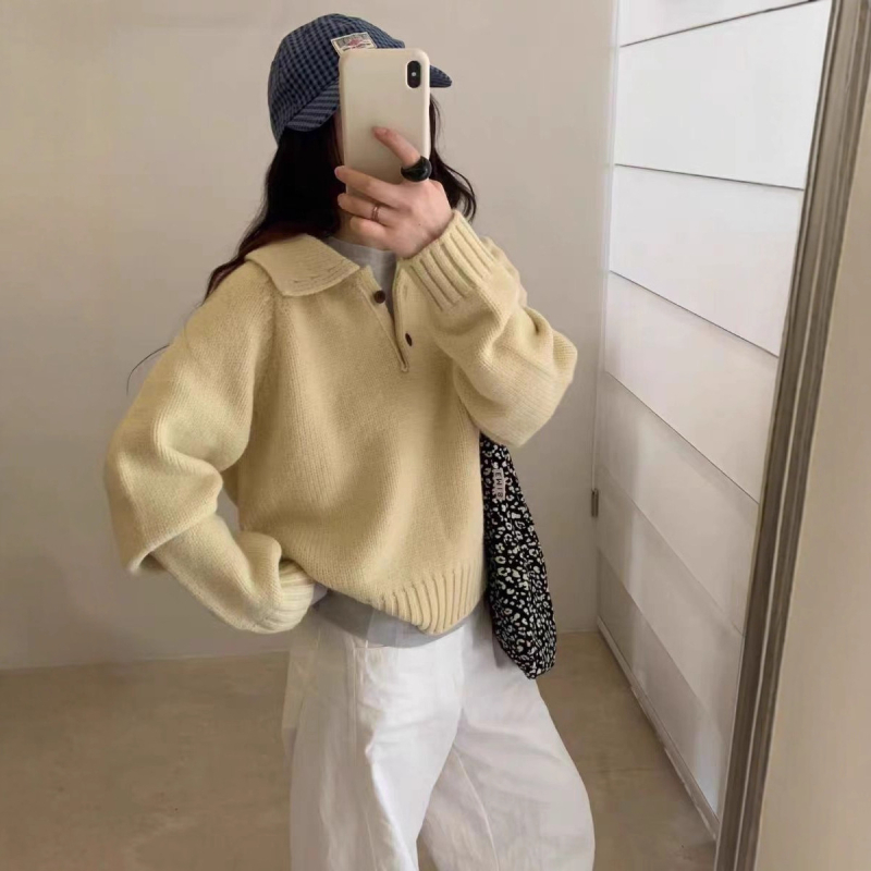 Pulover tricotat în stil coreean, croială lejeră, mâneci lungi, amestec din lână de oaie (poliestru, acrilic)