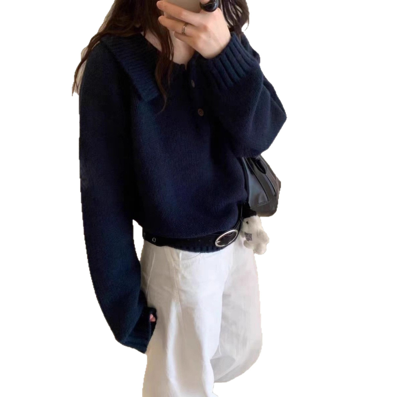 Pulover tricotat în stil coreean, croială lejeră, mâneci lungi, amestec din lână de oaie (poliestru, acrilic)