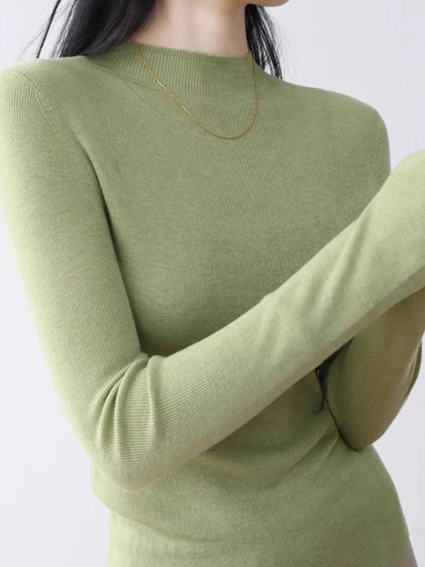 Ženski top u francuskom stilu s polu-visokim ovratnikom, vuneni pleteni, jesen-zima, uski kroj, mentol zelena, meko.