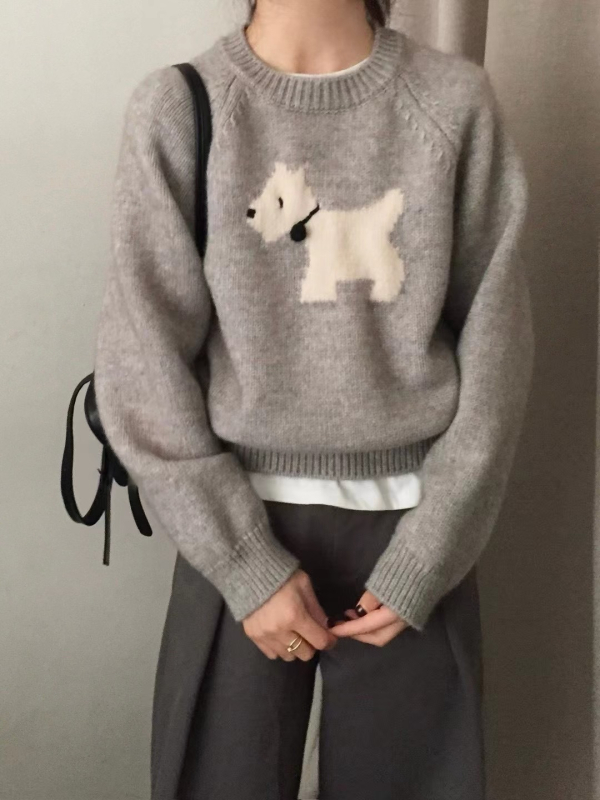 Pulover Jacquard cu model de animale mici, croială lejeră, guler rotund, mâneci lungi, țesătură groasă din sheep velvet, amestec poliester/nylon, stil japonezo-coreean de relaxare, toamna 2024