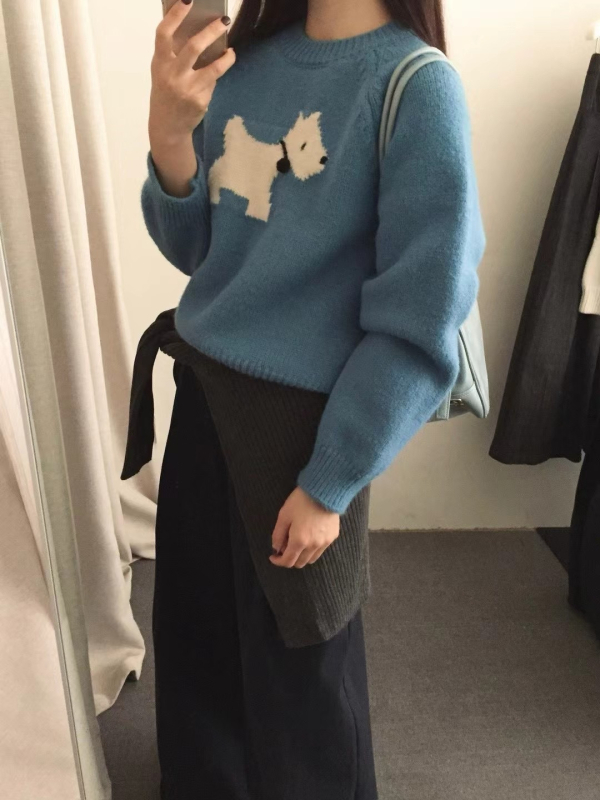 Pulover Jacquard cu model de animale mici, croială lejeră, guler rotund, mâneci lungi, țesătură groasă din sheep velvet, amestec poliester/nylon, stil japonezo-coreean de relaxare, toamna 2024