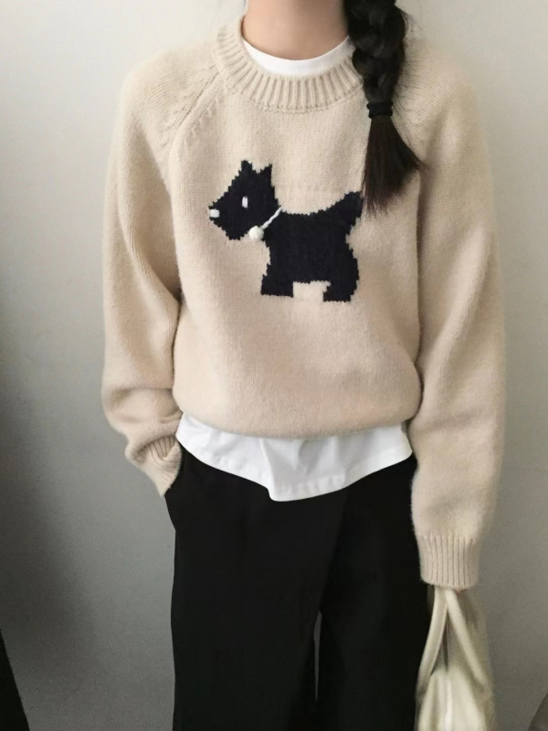 Pulover Jacquard cu model de animale mici, croială lejeră, guler rotund, mâneci lungi, țesătură groasă din sheep velvet, amestec poliester/nylon, stil japonezo-coreean de relaxare, toamna 2024