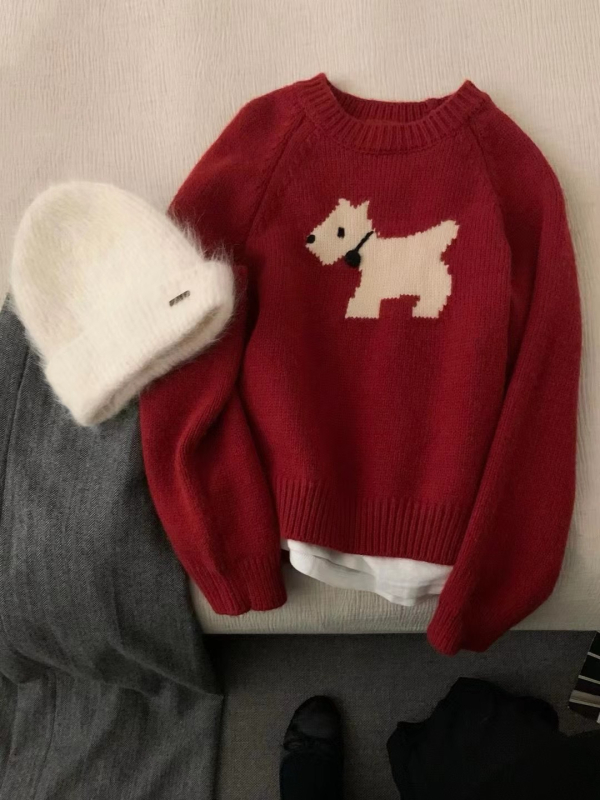 Pulover Jacquard cu model de animale mici, croială lejeră, guler rotund, mâneci lungi, țesătură groasă din sheep velvet, amestec poliester/nylon, stil japonezo-coreean de relaxare, toamna 2024