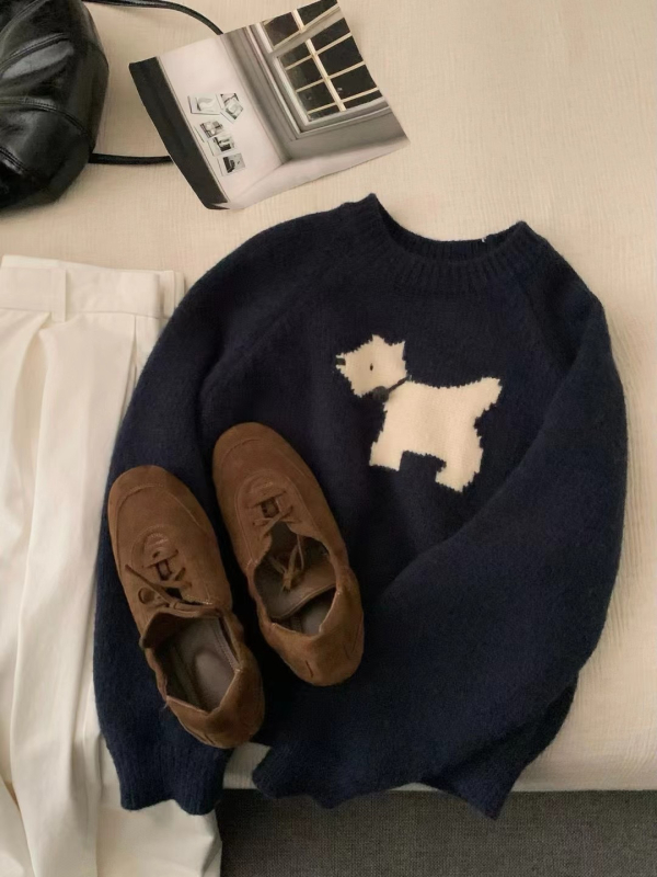 Pulover Jacquard cu model de animale mici, croială lejeră, guler rotund, mâneci lungi, țesătură groasă din sheep velvet, amestec poliester/nylon, stil japonezo-coreean de relaxare, toamna 2024