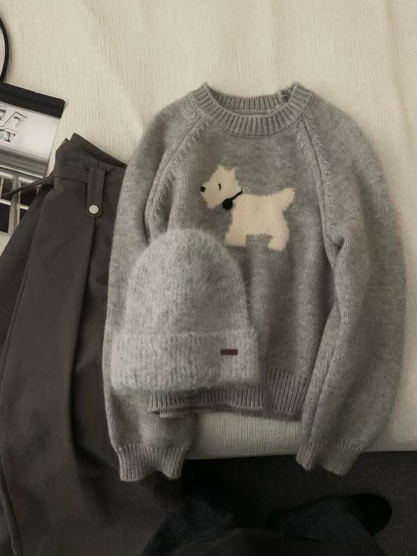 Pulover Jacquard cu model de animale mici, croială lejeră, guler rotund, mâneci lungi, țesătură groasă din sheep velvet, amestec poliester/nylon, stil japonezo-coreean de relaxare, toamna 2024