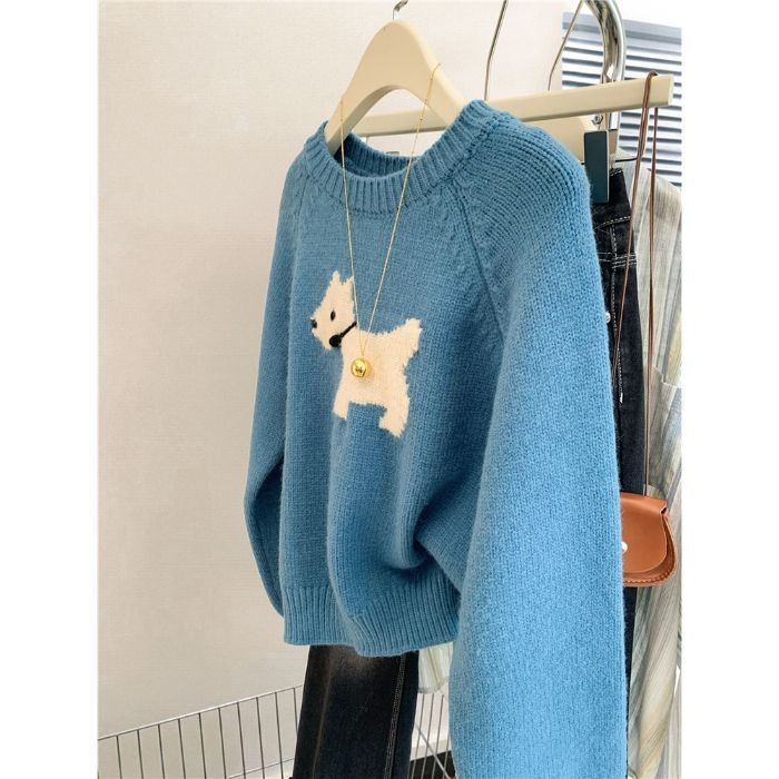 Pulover Jacquard cu model de animale mici, croială lejeră, guler rotund, mâneci lungi, țesătură groasă din sheep velvet, amestec poliester/nylon, stil japonezo-coreean de relaxare, toamna 2024