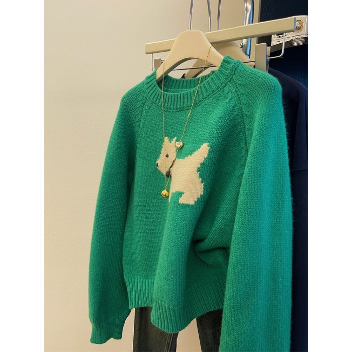 Pulover Jacquard cu model de animale mici, croială lejeră, guler rotund, mâneci lungi, țesătură groasă din sheep velvet, amestec poliester/nylon, stil japonezo-coreean de relaxare, toamna 2024