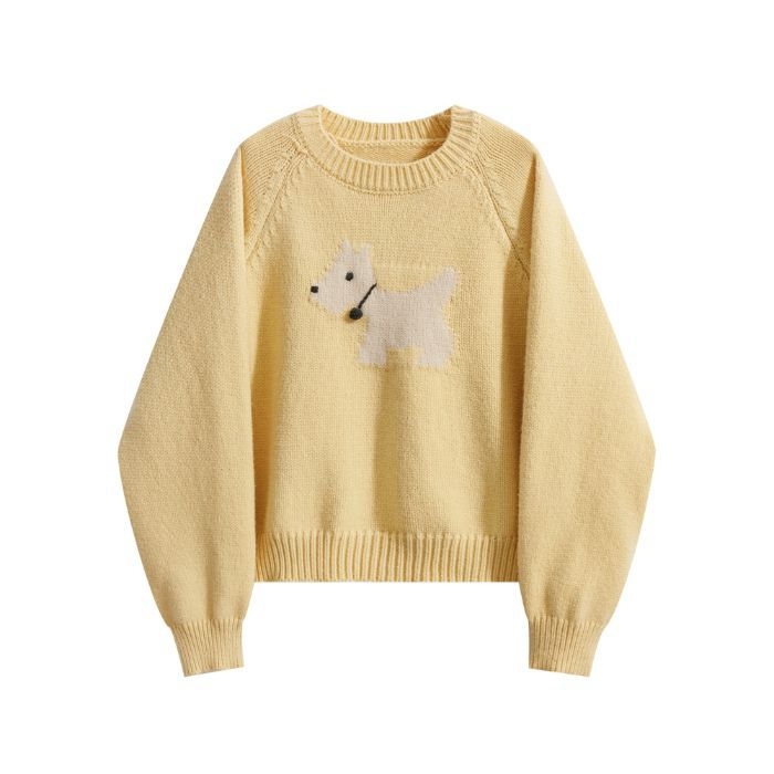 Pulover Jacquard cu model de animale mici, croială lejeră, guler rotund, mâneci lungi, țesătură groasă din sheep velvet, amestec poliester/nylon, stil japonezo-coreean de relaxare, toamna 2024