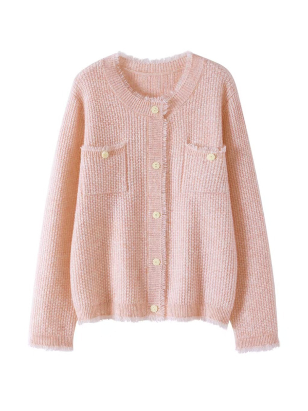 Kašmyrinis kardiganas, storas mezginys, su kišenėmis, laisvas siluetas, apvali kaklo linija.