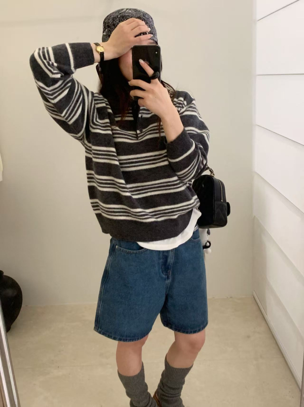 Ženski vuneni džemper s prugama, retro ovratnik, slobodan kroj, korejski stil, 95% vuna
