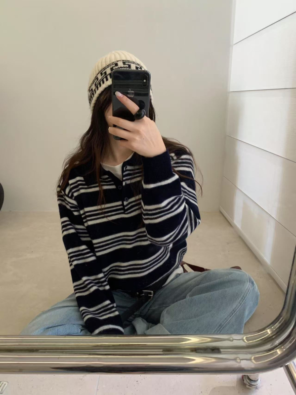 Ženski vuneni džemper s prugama, retro ovratnik, slobodan kroj, korejski stil, 95% vuna