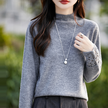 Dámsky vlnený sveter s pol vysokým golierom, voľný strih, dlhé rukávy, dĺžka 50–65 cm, 95% vlna