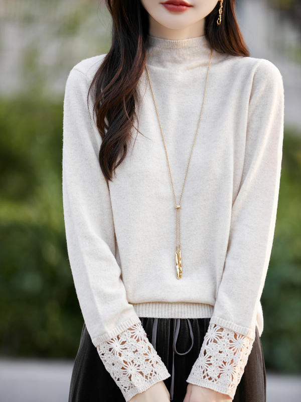 Dámsky vlnený sveter s pol vysokým golierom, voľný strih, dlhé rukávy, dĺžka 50–65 cm, 95% vlna