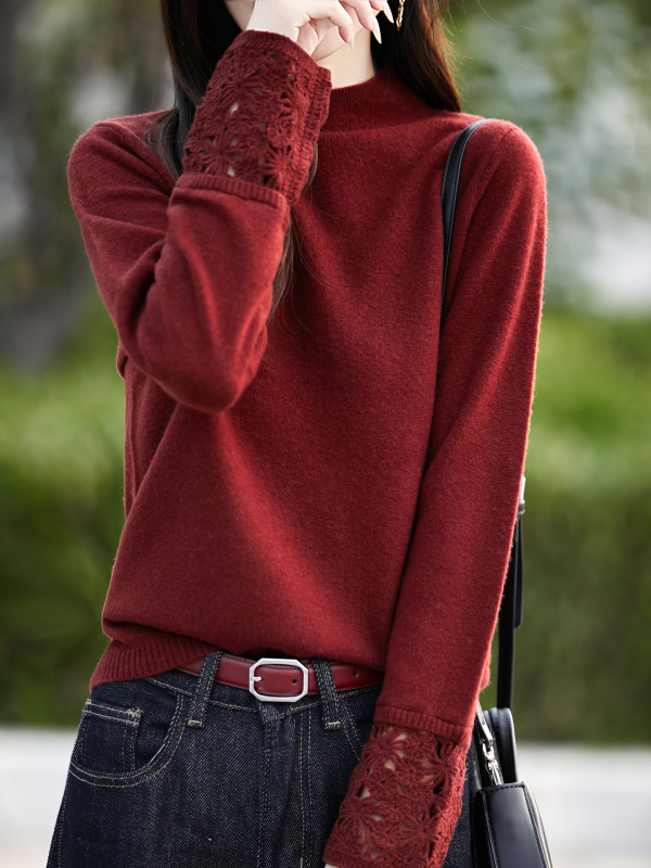 Dámsky vlnený sveter s pol vysokým golierom, voľný strih, dlhé rukávy, dĺžka 50–65 cm, 95% vlna