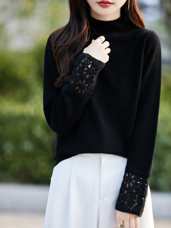 Dámsky vlnený sveter s pol vysokým golierom, voľný strih, dlhé rukávy, dĺžka 50–65 cm, 95% vlna