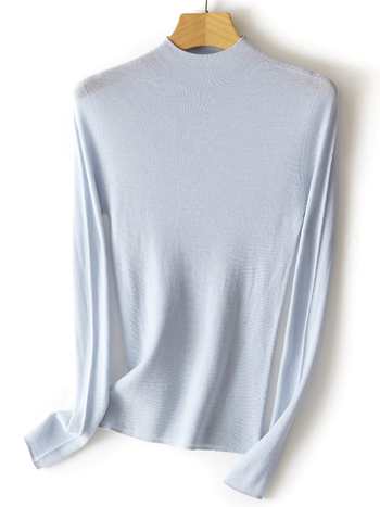 Nėra siūlių viengubas vilnos megztinis su pusiau aukštu kaklu, ilgos rankovės, plonas mezginys, vilna ≥95%