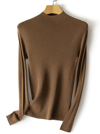 Nėra siūlių viengubas vilnos megztinis su pusiau aukštu kaklu, ilgos rankovės, plonas mezginys, vilna ≥95%