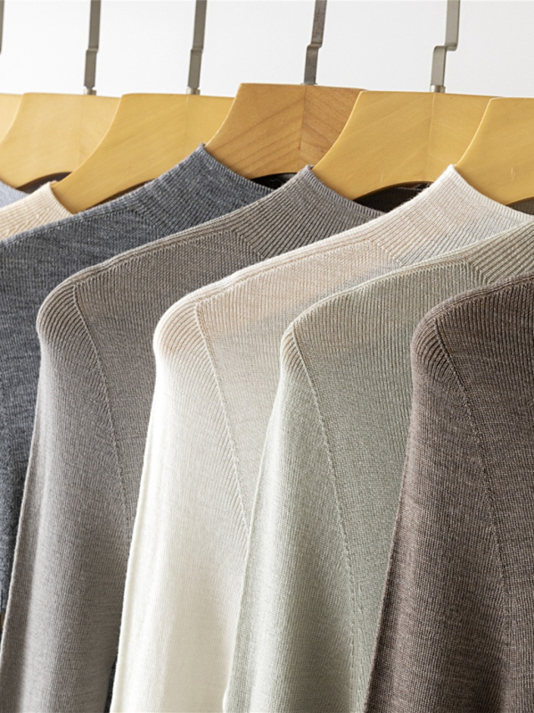 Nėra siūlių viengubas vilnos megztinis su pusiau aukštu kaklu, ilgos rankovės, plonas mezginys, vilna ≥95%