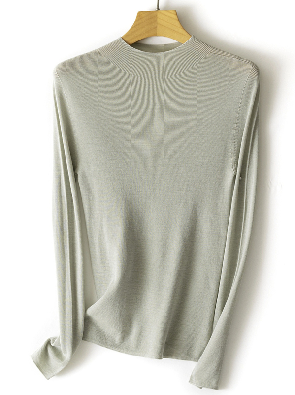 Nėra siūlių viengubas vilnos megztinis su pusiau aukštu kaklu, ilgos rankovės, plonas mezginys, vilna ≥95%