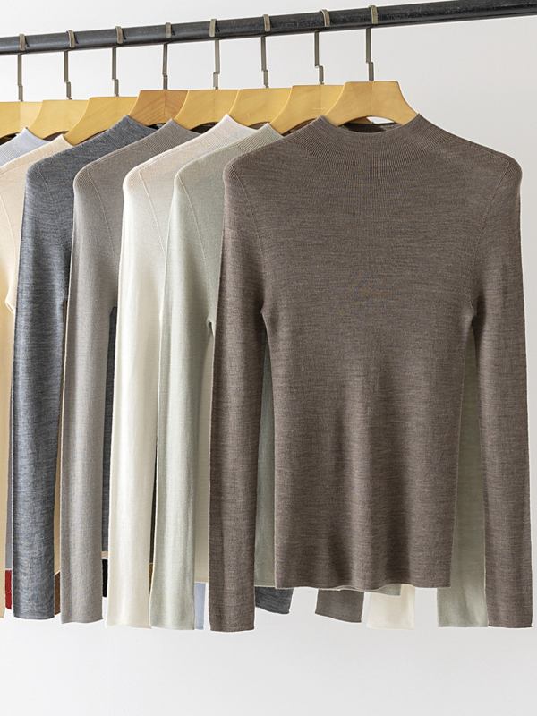 Nėra siūlių viengubas vilnos megztinis su pusiau aukštu kaklu, ilgos rankovės, plonas mezginys, vilna ≥95%