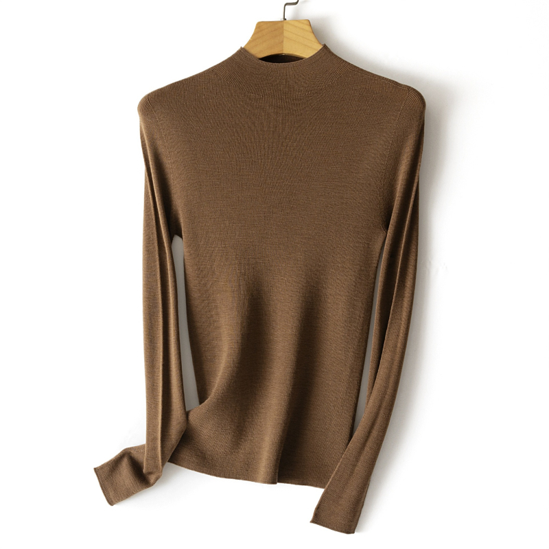 Nėra siūlių viengubas vilnos megztinis su pusiau aukštu kaklu, ilgos rankovės, plonas mezginys, vilna ≥95%