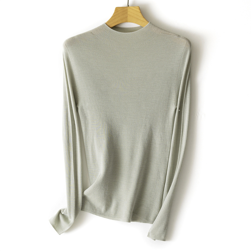 Nėra siūlių viengubas vilnos megztinis su pusiau aukštu kaklu, ilgos rankovės, plonas mezginys, vilna ≥95%