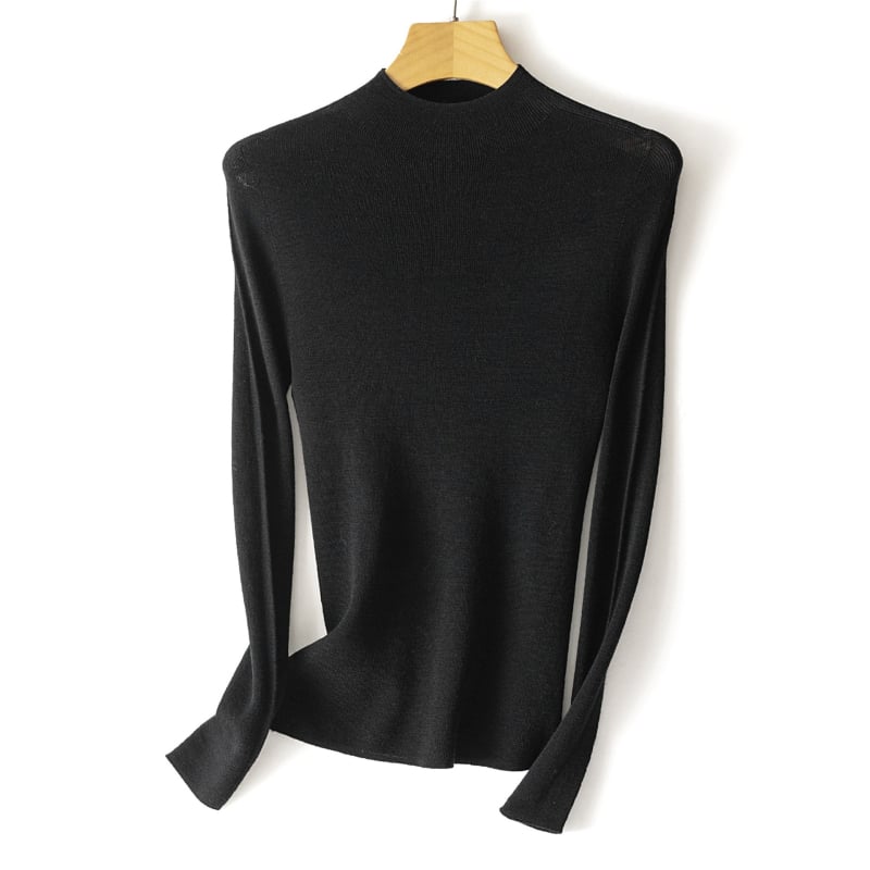 Nėra siūlių viengubas vilnos megztinis su pusiau aukštu kaklu, ilgos rankovės, plonas mezginys, vilna ≥95%