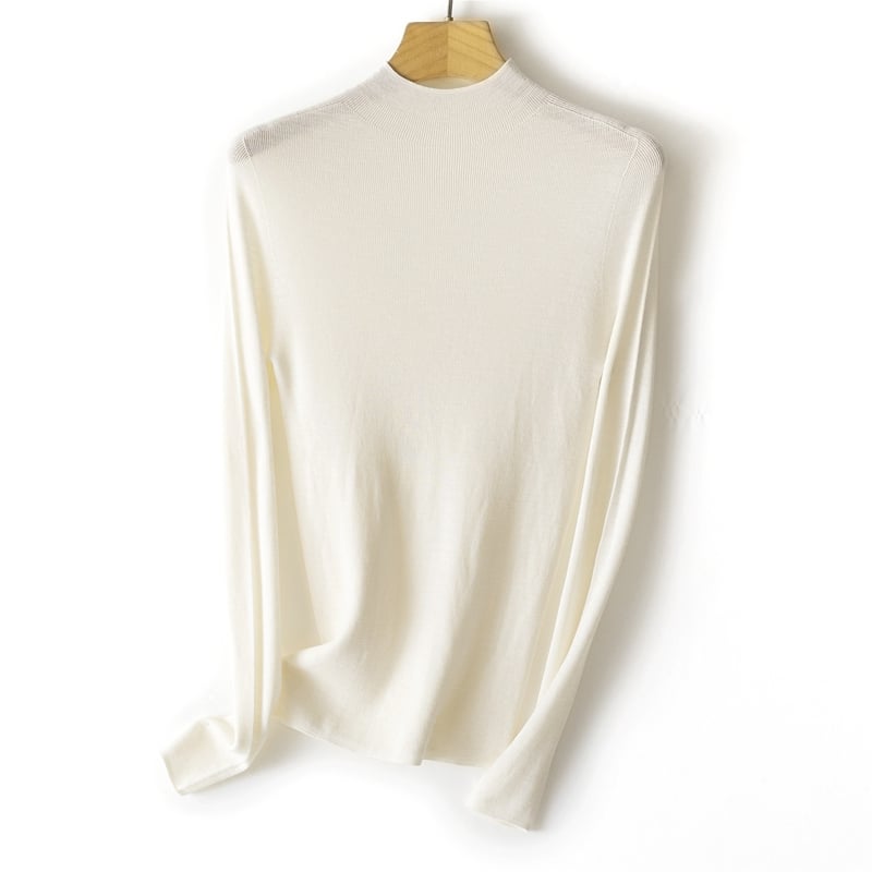 Nėra siūlių viengubas vilnos megztinis su pusiau aukštu kaklu, ilgos rankovės, plonas mezginys, vilna ≥95%