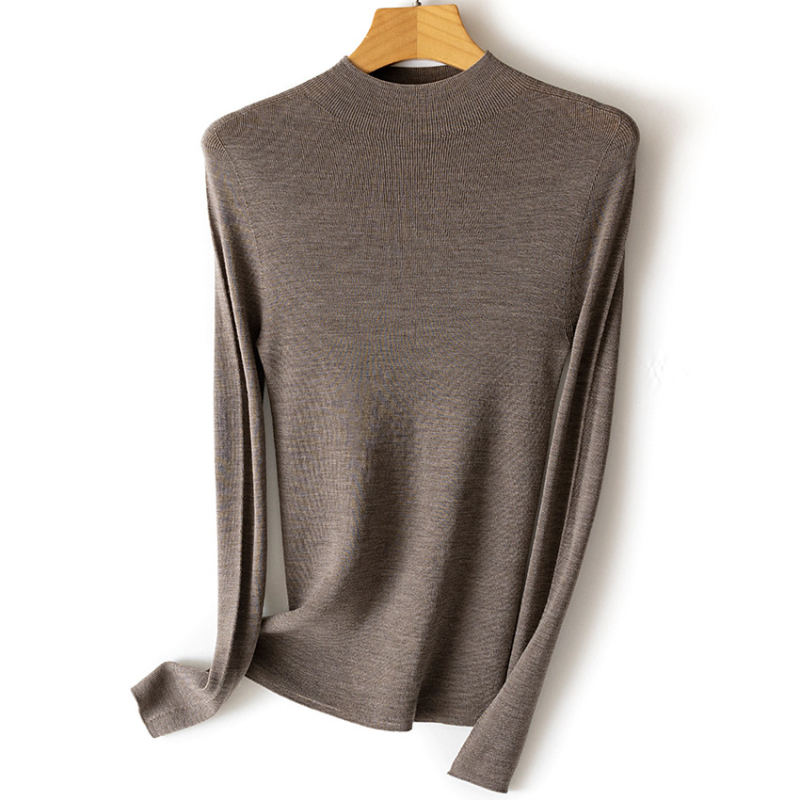 Nėra siūlių viengubas vilnos megztinis su pusiau aukštu kaklu, ilgos rankovės, plonas mezginys, vilna ≥95%