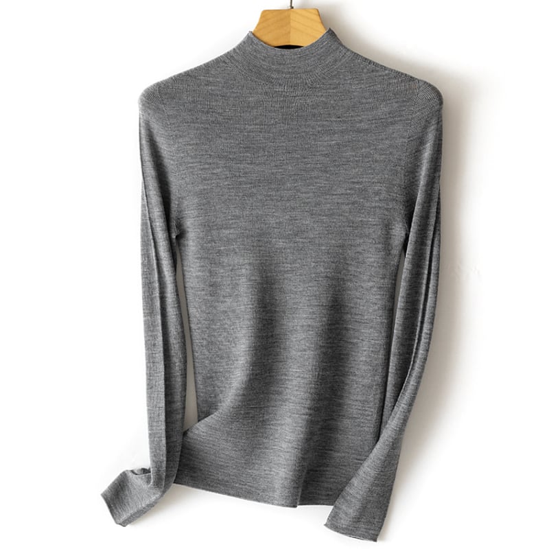 Nėra siūlių viengubas vilnos megztinis su pusiau aukštu kaklu, ilgos rankovės, plonas mezginys, vilna ≥95%