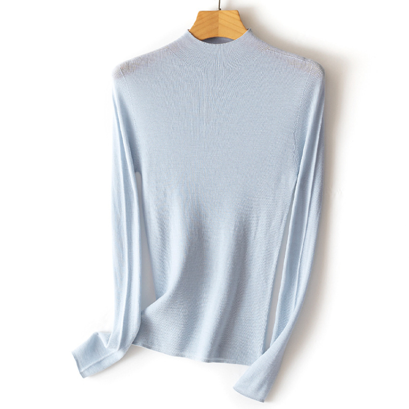 Nėra siūlių viengubas vilnos megztinis su pusiau aukštu kaklu, ilgos rankovės, plonas mezginys, vilna ≥95%