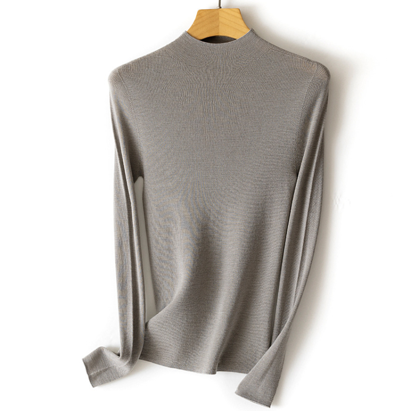 Nėra siūlių viengubas vilnos megztinis su pusiau aukštu kaklu, ilgos rankovės, plonas mezginys, vilna ≥95%