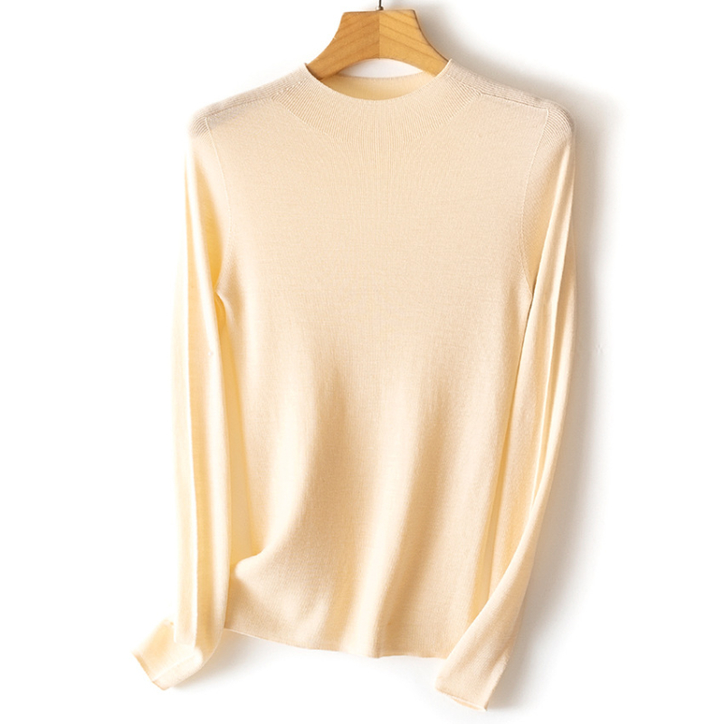 Nėra siūlių viengubas vilnos megztinis su pusiau aukštu kaklu, ilgos rankovės, plonas mezginys, vilna ≥95%