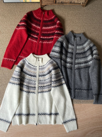 Cardigan gros din lână jacquard, 95% lână, guler rotund, mâneci lungi, stil casual japonez-coreean