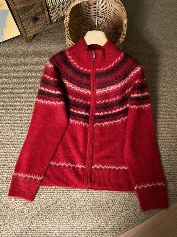 Cardigan gros din lână jacquard, 95% lână, guler rotund, mâneci lungi, stil casual japonez-coreean