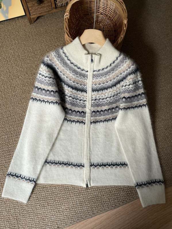 Cardigan gros din lână jacquard, 95% lână, guler rotund, mâneci lungi, stil casual japonez-coreean