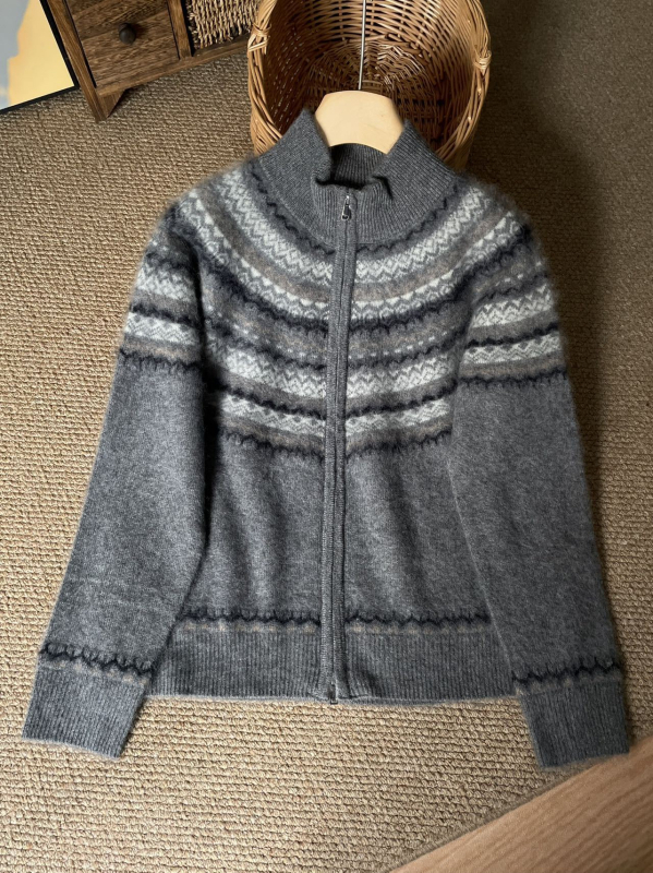 Cardigan gros din lână jacquard, 95% lână, guler rotund, mâneci lungi, stil casual japonez-coreean