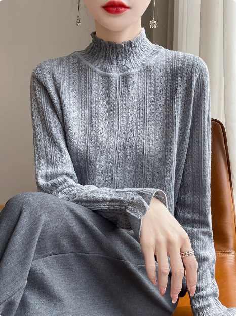 Pleten džemper od vunene smeše, uzorak houndstooth, čipkasti ovratnik, dugi rukavi