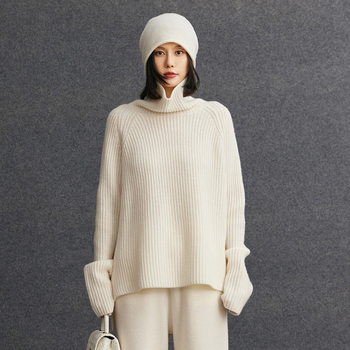 Moteriški kašmyro megztinis su gobtuvu ir aukštu kaklu, storas megztinis, laisvas siluetas, Žiema 2025